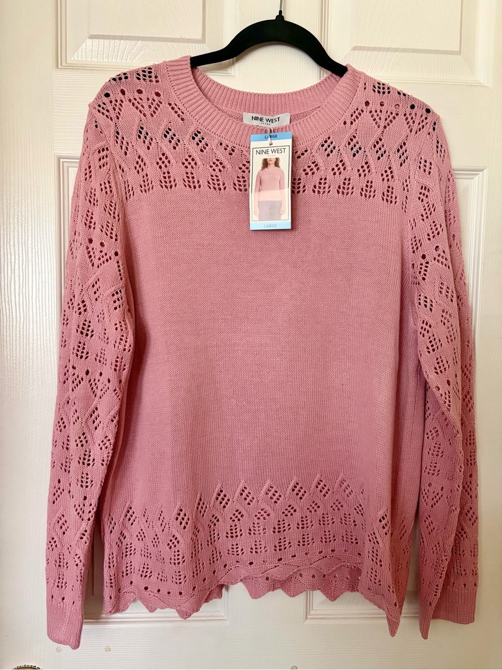 Nine West Dusty Pink Open-Knit Crewneck Sweater